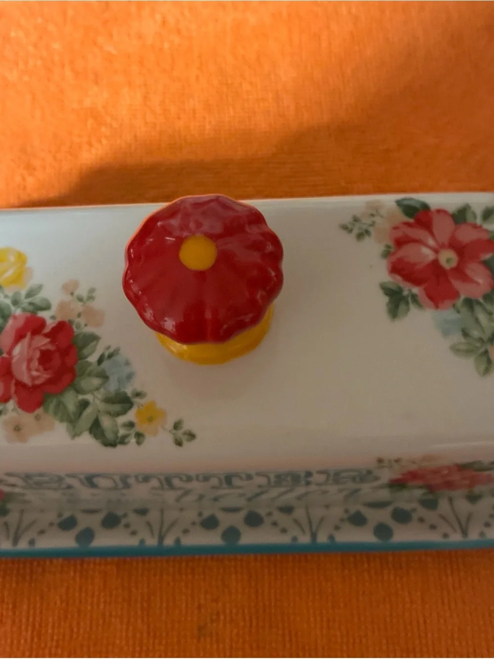 The Pioneer Woman Floral Ceramic Butter Dish with Red & Yellow Knob